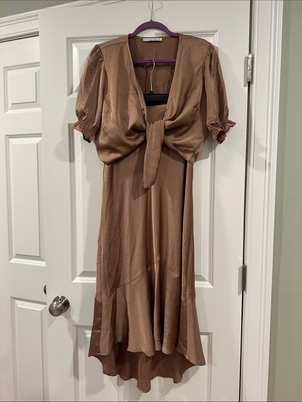 Abercrombie & Fitch Mauve-Tan Tie-Front Puff Sleeve Top